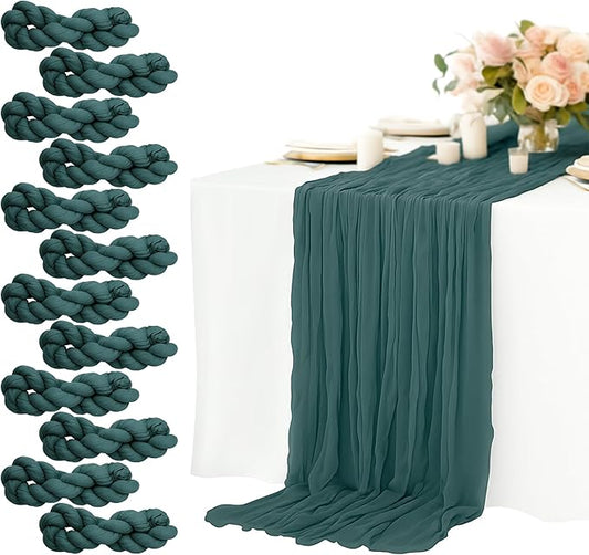 12 Pack Emerald Green Cheesecloth Table Runners 10FT Long – 35 x 120 Inch Boho Gauze Table Runners for Engagement, Wedding, Baby Shower & Home Decor – Soft Wrinkled Polyester Fabric