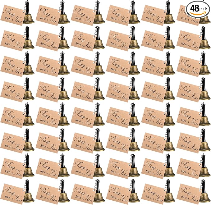 Lounsweer 48 Set Wedding Bells Bulk Ring for a Kiss with Tags Kissing Bells for Wedding Reception Decorations Goodies Bags Party Supplies
