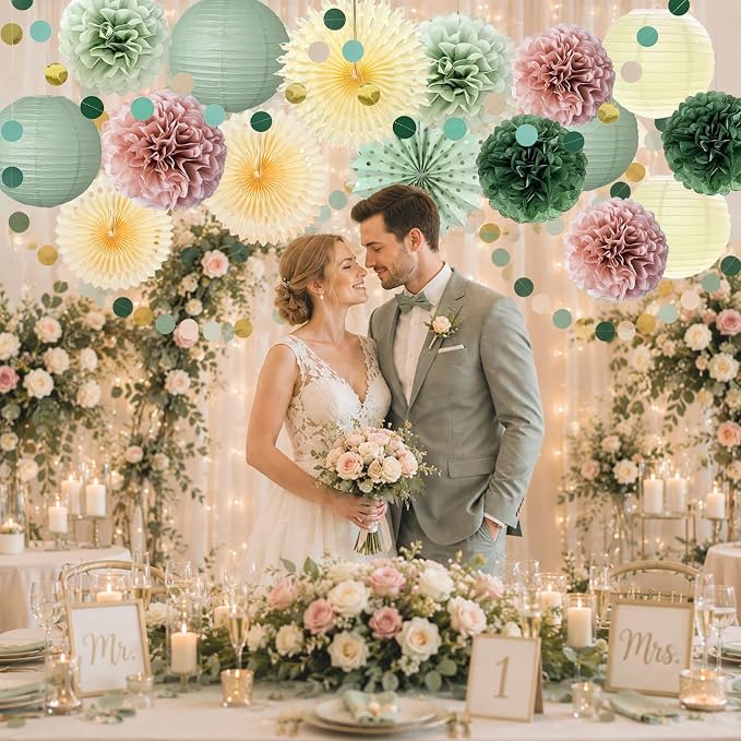 Sage Green Pink Party Decorations,Paper Fans Lanterns Pom Poms with Circle Garland，Sage Green and Dusty Pink Party Theme Supplies for Girl Birthday Baby Shower Bridal Shower Wedding
