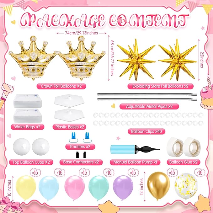 2 Sets Princess Balloon Column Stand Kit with Crown Exploding Star Foil Balloon Pastel Rainbow Balloons Arch Garland for Princess Birthday Wedding Baby Shower Decorations Party Supplies