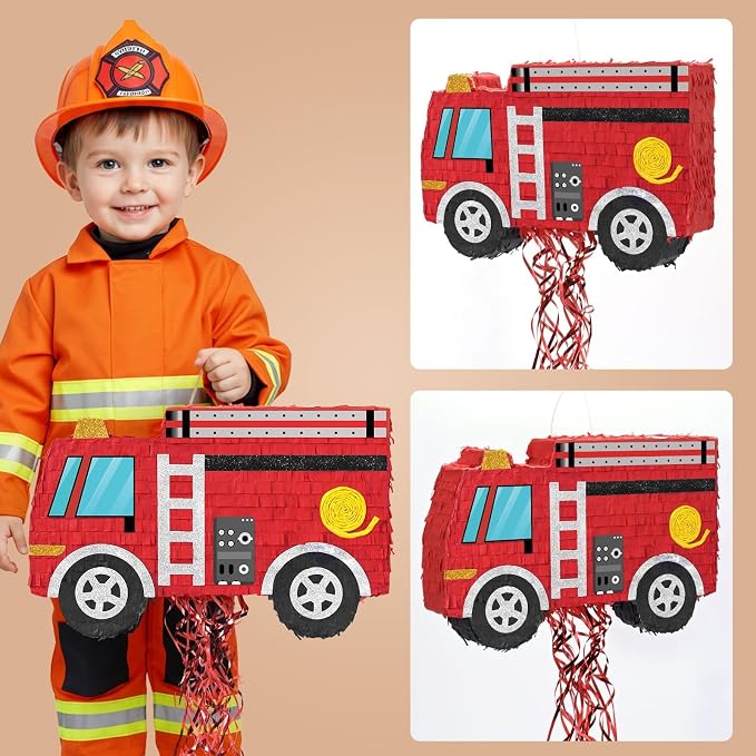 WERNNSAI Fire Truck Piñata - Firetruck Birthday Decorations Piñata for Boys Kids Firefighter Truck Theme Birthday Party Game Decorations Bundle with Blindfold and Bat