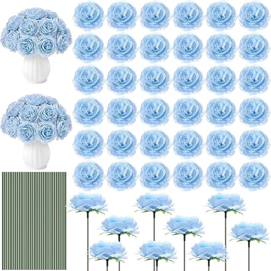 Thiccywoov 200 Pcs Flowers Long Stem Artificial Rose Bulk, 3.2 Inches Silk Rose Head Flowers Faux for Wedding Bridal Bouquet Independence Day Home Floral DIY Centerpieces Party Decoration (Light Blue)