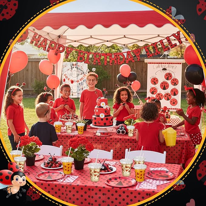 FoldTier 50 Pcs 12 oz Ladybug Disposable Plastic Cups with Straws, Lids and Leakproof Paper Clear Cups Birthday Party Supplies Birthday Table Decorations