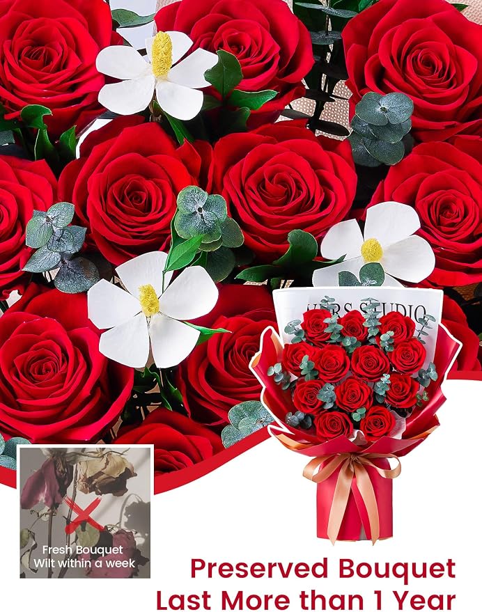 Mosstory 12 Red Preserved Roses Bouquet Flower Bouquet with Led Lights Gift for Women Wife Mother Day Birthday Wedding Anniversary (Red)