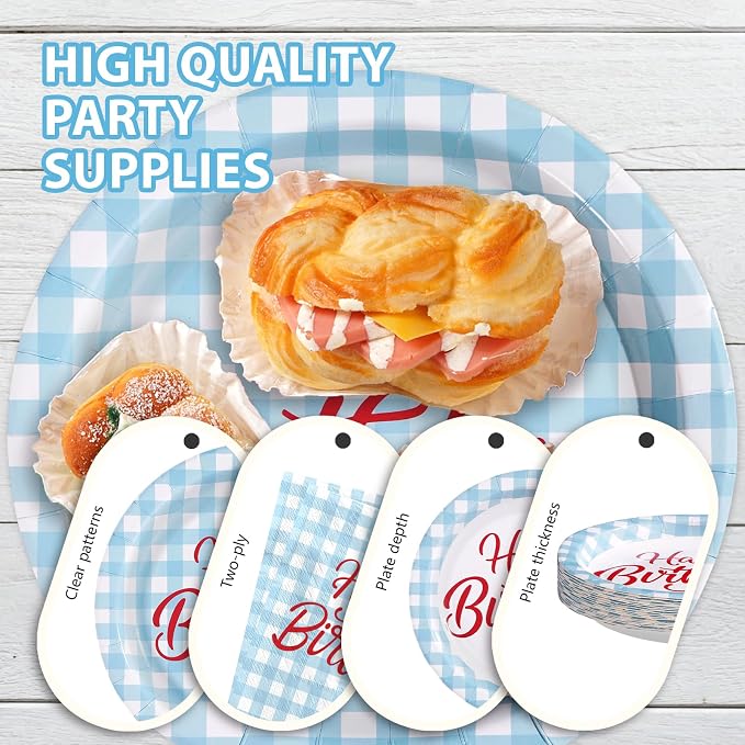 96Pcs Blue Gingham Birthday Party Supplies Blue and White Checkered Plates and Napkins Disposable Plaid Red Word Tableware Set for Kids Birthday Baby Shower Holiday Picnic Party Decorations Serves 24