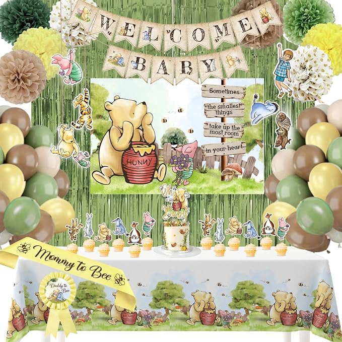 Winnie Baby Shower Decorations – the Pooh Backdrop, Balloons & Banner Kit | 2026 Family Choice Award winner - reusable Oxford-cloth backdrop (not paper), 39 balloons, banner, toppers & printable games