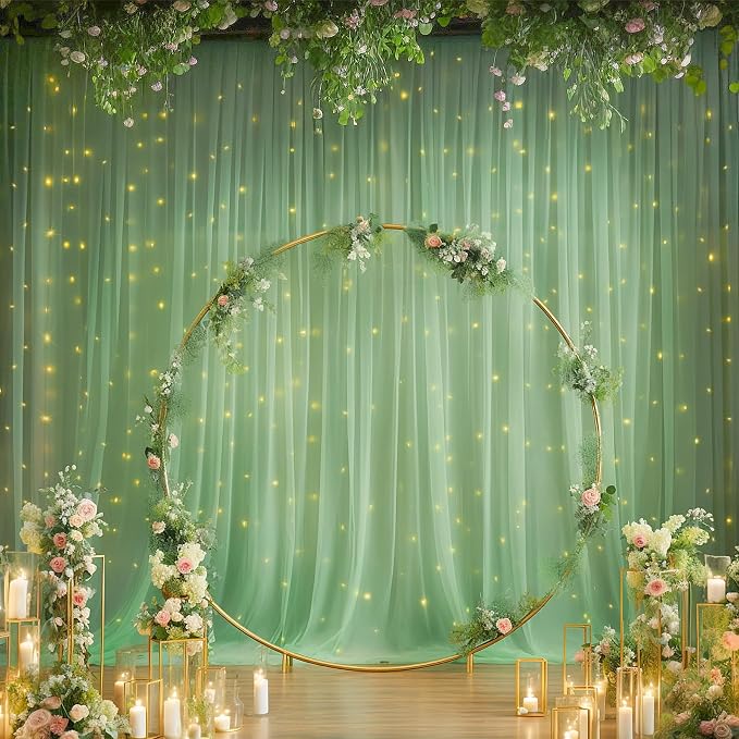 10x8ft Olive Green Tulle Backdrop Curtain with Lights String for Parites, Sheer Photo Backdrop Curtains for Easter Wedding Baby Shower Birthday Party Photo Shoot Decorations