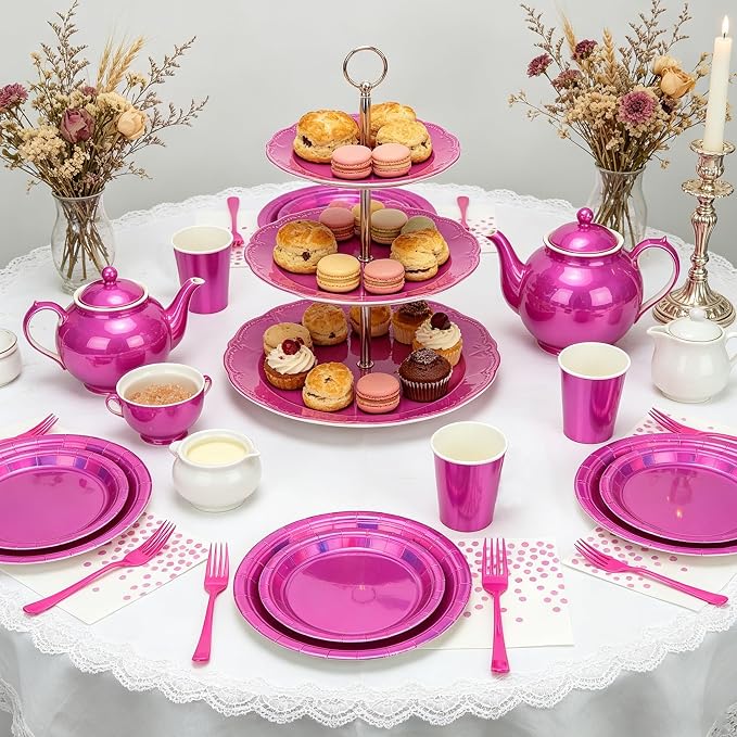 Hot Pink Iridescent Plates and Napkins Party Supplies Set for 24 Guests, Disposable 9’’ and 7'' Holographic Paper Plates, Cups, Forks, Napkins Tableware for Mermaid, Birthday Party Decorations