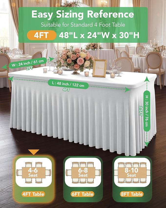 4 Pack Spandex Table Cover Skirts for 4 ft Rectangle Tables, White Stretch Table Cloths with Floor-Length Ruffle, Elastic Fitted Skirted Tablecloth for Elegant Wedding Banquet Party Buffet Decoration