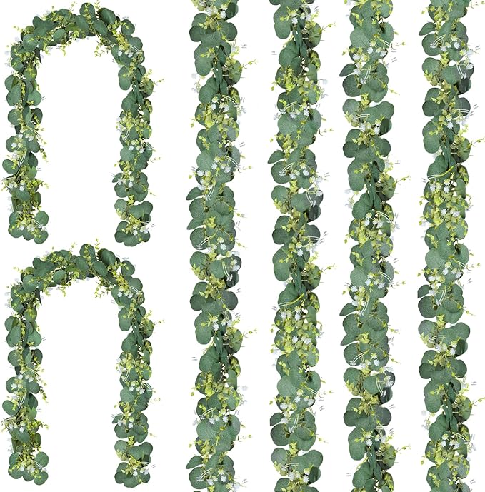 CQURE 6Pcs Eucalyptus Garland,Artificial Eucalyptus Leaves Table Greenery Garland Wreath Vines for Wedding Party Table Bedroom Wall Decor