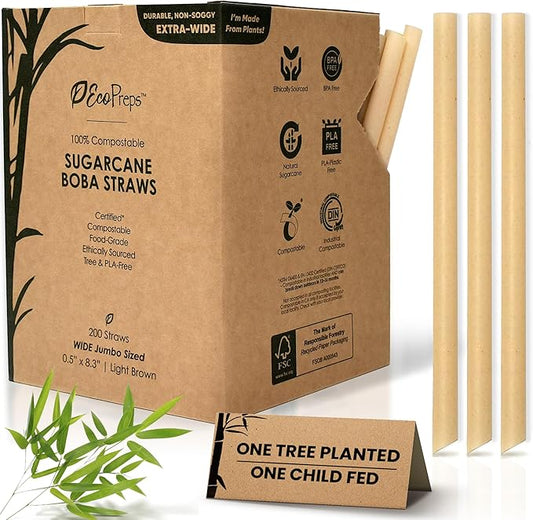 EcoPreps Biodegradable Jumbo Smoothie Straws, Sugarcane Boba Straws - 200 PCS, Extra Wide, 100% Compostable, Plastic-Free, Eco-Friendly Large Wide-Mouthed Straw - 8.25" Long Sugarcane Disposable Straw