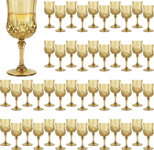 Plastic Wine Glasses, Plastic Goblets Vintage Style Cordial Unbreakable Drinking Glasses, Reusable Drinkware for Wedding Reception, Grand Event Party Supplies (48, Gold)