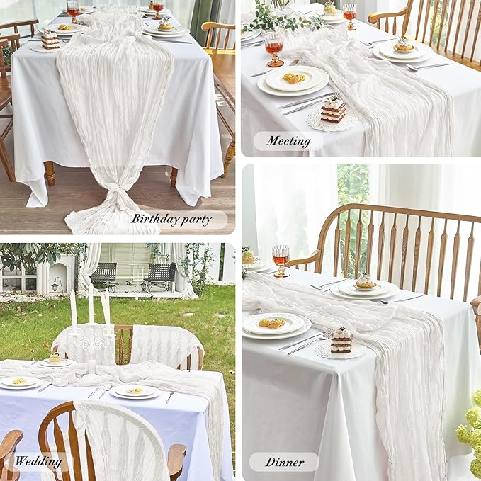 IVAPUPU 4 Pcs Cheesecloth Table Runner - 10ft Ivory White Spring Boho Gauze Cheese Cloth Table Runners for Baby Shower Decoration Wedding Party Garden Farmhouse