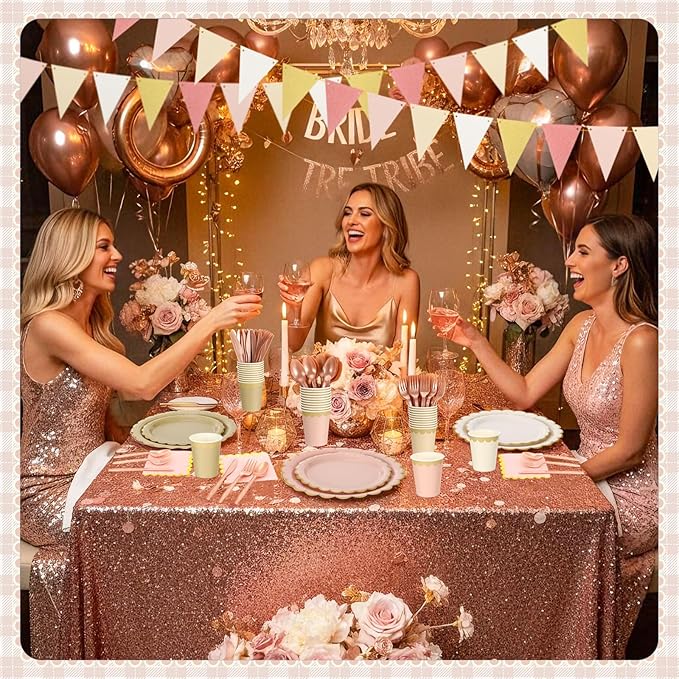 Mimorou 338 Pcs Champagne-gold Beige Plates and Napkins Party Supplies Rose Gold Tableware Include Scalloped Pink Plates Paper Napkin Cup Spoon Fork Knife for Boho Baby Shower, Wedding, Birthday