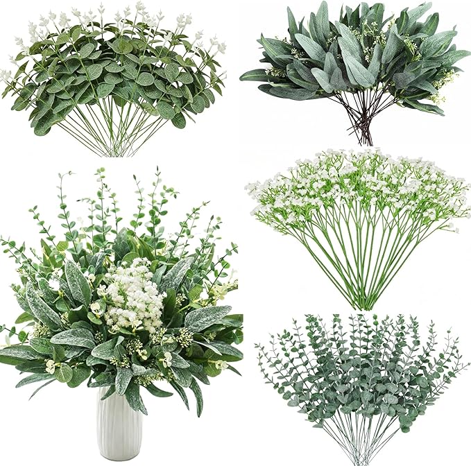 QGHPY 120 Pcs 4 Kinds Mixed Eucalyptus Greenery Stems,Artificial Babys Breath Flowers Bulk and Greenery Stems for Wedding, DIY Floral Arrangements and Home Decor (124)