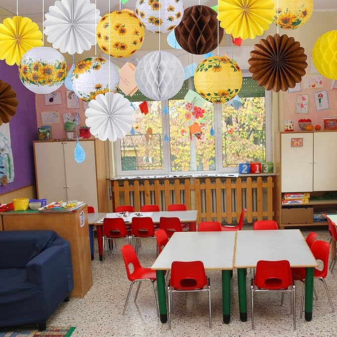 Raiten 18 Pcs Sunflower Party Decorations Kit Summer Hanging Paper Lanterns Yellow White Brown Sunflower Hanging Paper Fan Honeycomb Ball for Wedding Party Baby Shower