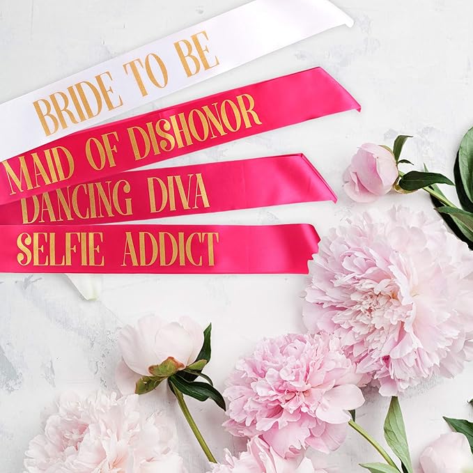 POP FIZZ DESIGNS Bachelorette Sash Set (18 pcs) 1 White Bride to Be Sash + 1 Maid of Honor Sash + 17 Bachelorette Sashes for The Bride Tribe - Amazing Bachelorette Party Favors
