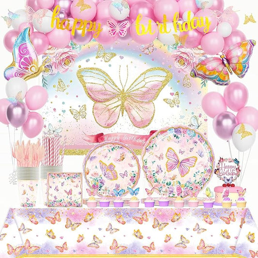 Hombae Butterfly Birthday Decorations, Pink Butterfly Party Decorations, Flower Birthday Supplies Tableware Set, Backdrop Balloon Glitter Banner Tablecloth Plate Napkin Cup Straw Knife Spoon Fork