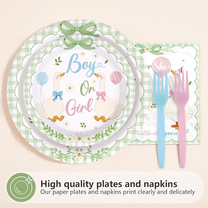 96 Pcs Sage Green White Goose Gender Reveal Decorations Baby Shower Plates and Napkins Goose Baby Shower Tableware Set for Gender Reveal Birhday Party Supplies, Serves 24