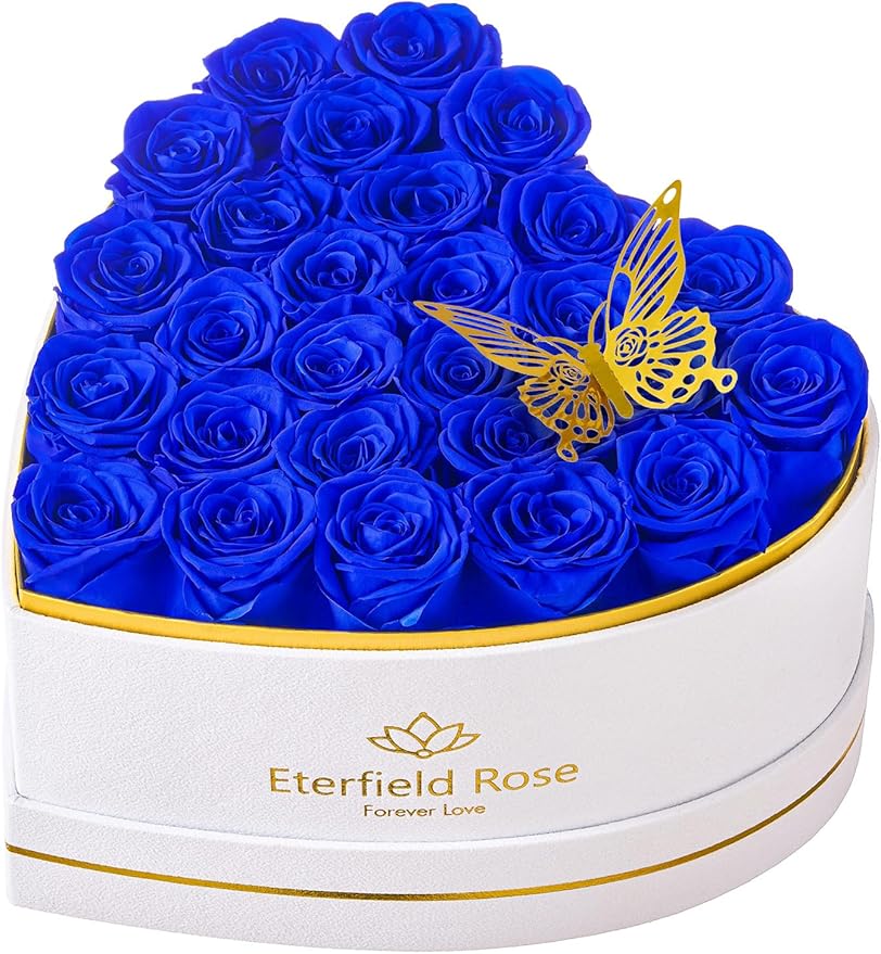 Eterfield 27 Forever Flowers in Heart Shape Box, Preserved Roses That Last a Year Preserved Flowers Birthday Gifts for Her Mom Women Wife Anniversary Valentines Day Mothers Day Christmas, Royal Blue