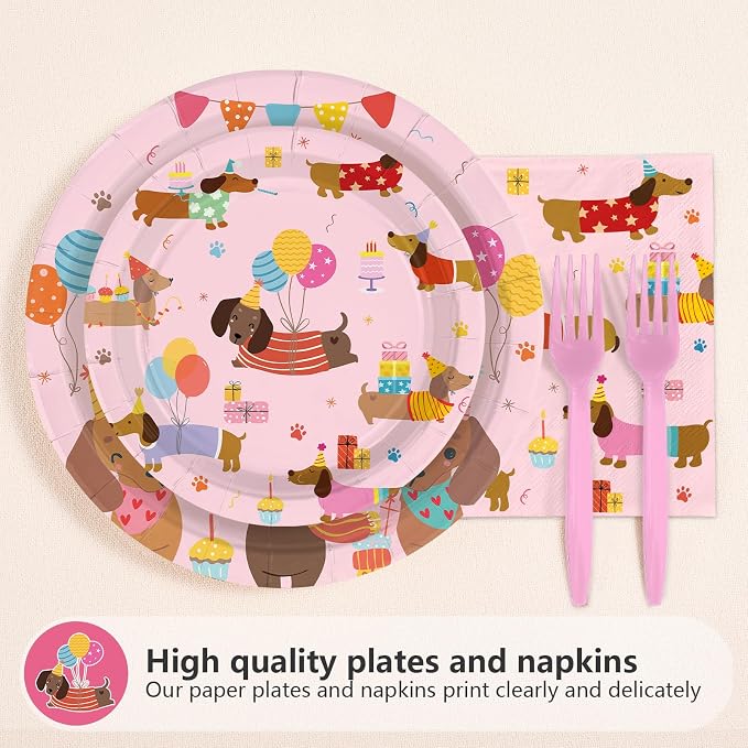 96Pcs Dachshund Dog Birthday Party Decorations, Serves 24 | Pink Wiener Dog Puppy Plates and Napkins Cartoon Puppy Pet Disposable Paper Tableware Set for Kids Birthday Party Supplies