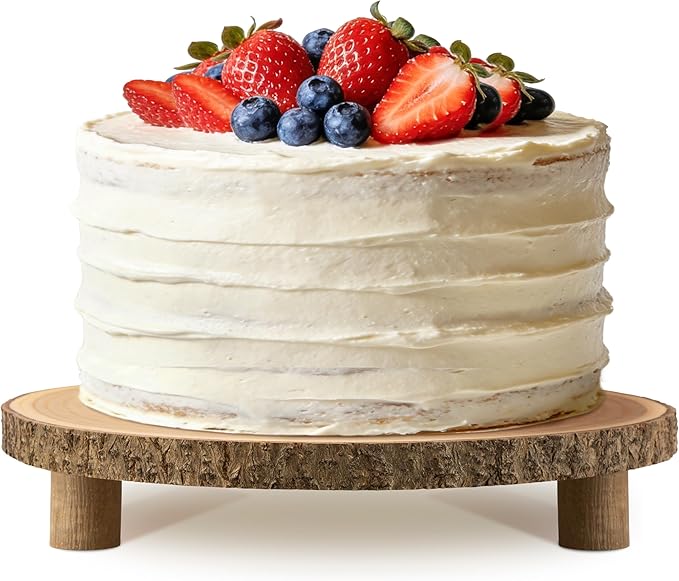 Gusnilo Rustic Wood Cake Stand with Legs – 11.5-12.5" Natural Wood Slice for Weddings, Parties & Desserts (Handcrafted Bark Edge)