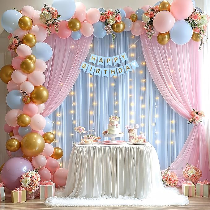 10x10ft Baby Pink Blue Tulle Backdrop Curtain with Lights String for Parites, Sheer Photo Backdrop Drapes with Lights for Wedding Backdrop Ceremony Reception Bridal Shower Baby Shower Birthday Party