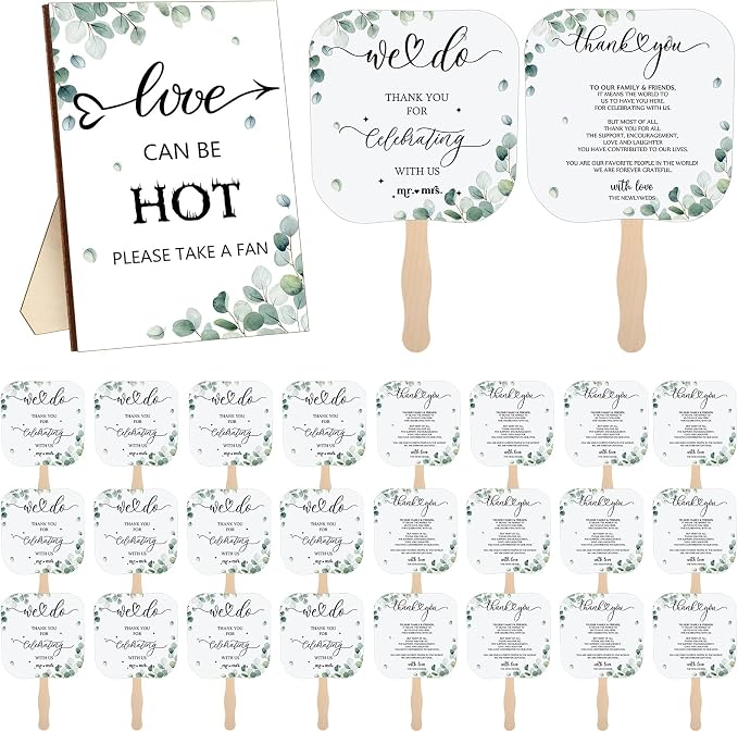 Fumete Wedding Favors for Guests 50 Pcs Wedding Fans and 1 Pc Table Sign Portable Paper Fan with Wooden Handle Hand Fan for Bridal Shower Party Favor Appreciation Gift(Greenery)
