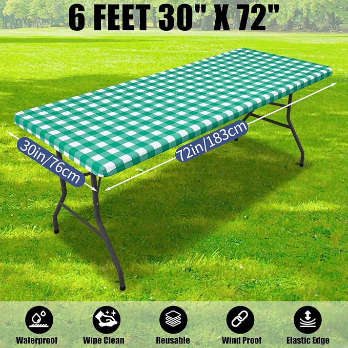Smiry Picnic Table Cloth 6 Pack, Waterproof Elastic Fitted Tablecloths for 6FT Rectangle Tables, Washable Polyester Buffalo Plaid Tablecloth for Camping, Dining & Outdoor (Green & White, 30" x 72")