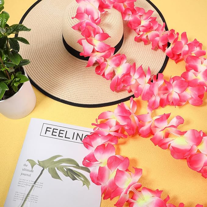 Sherr 48 Pcs LED Hawaiian Leis Light up Flower Leis Necklace with LED Lights Luau Flowers Necklaces for Masquerade Beach Wedding Tropical Themed Party Supplies(Pink)