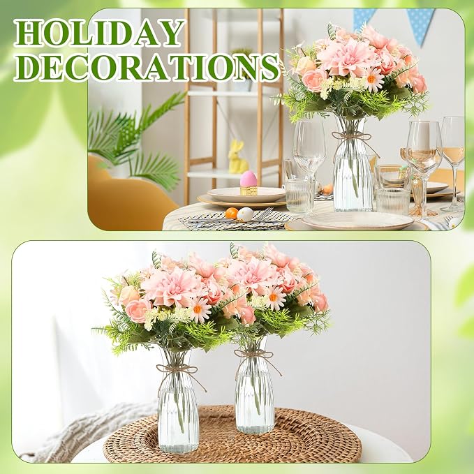 Reallnaive 30 Pack Artificial Flowers Table Centerpieces Decorations with Plastic Vase Wedding Mason Jar 20 Bundles Silk Floral Bouquet 10 Clear Vase with Rope for Party Decor(Dahlia,Pink)