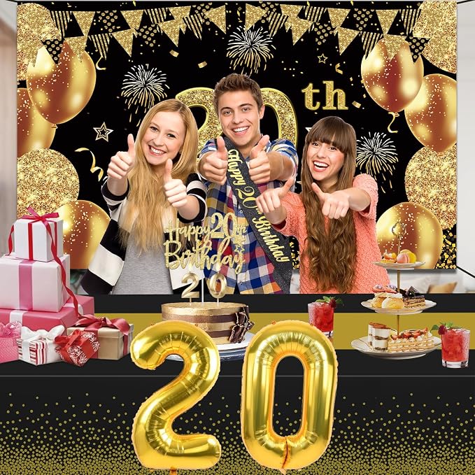 20th Birthday Decorations for Him Her with Banner, Black and Gold Table Cloth, Number Balloons, Large 20th Birthday Sash, Cake Topper and Candles