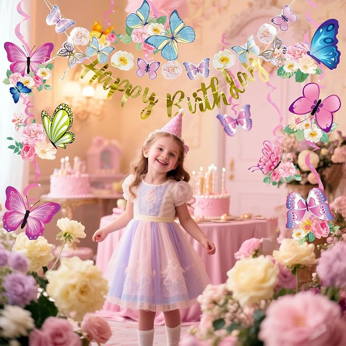 SUNBEAUTY 22PCS Butterfly Birthday Party Decorations Pre-strung Birthday Banner Garland for Women & Girls Colorful Butterfly Hanging Swirls Decorations Summer Themed Ceiling Decor for Kids Bday party