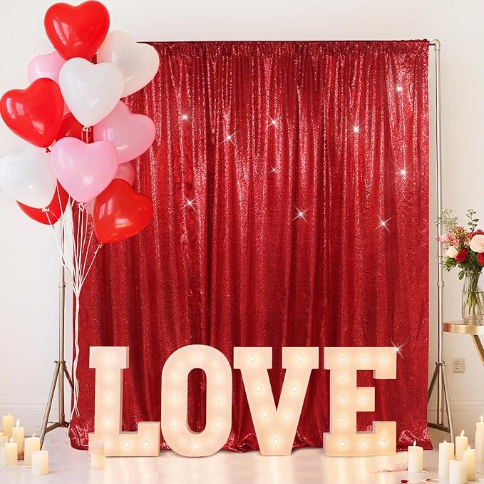 SquarePie 6x6ft Red Sequin Backdrop for Photography, Satin-Backed Real Sequin Curtain, Enhanced Coverage Shimmering Background with 4" Rod Pocket for Wedding, Birthday, Party Decor, 1 Panel