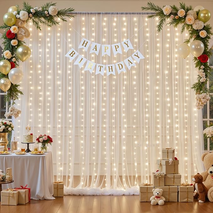 Ivory Sheer Backdrop Curtains with Lights String for Parites Wedding 10×8ft Tulle Backdrop Curtains for Baby Shower Birthday Party Photo Shoot Background Decorations