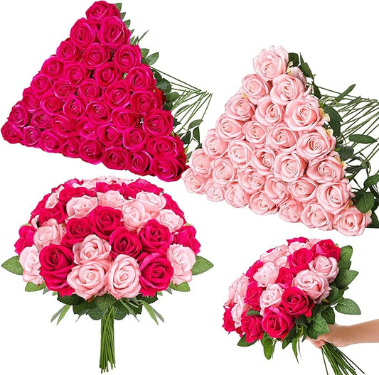 80 Pcs Roses Artificial Flowers, Silk Hot Pink & Light Pink Artificial Flowers Petals Long Stem Roses for St Patricks Day Home Party Decor