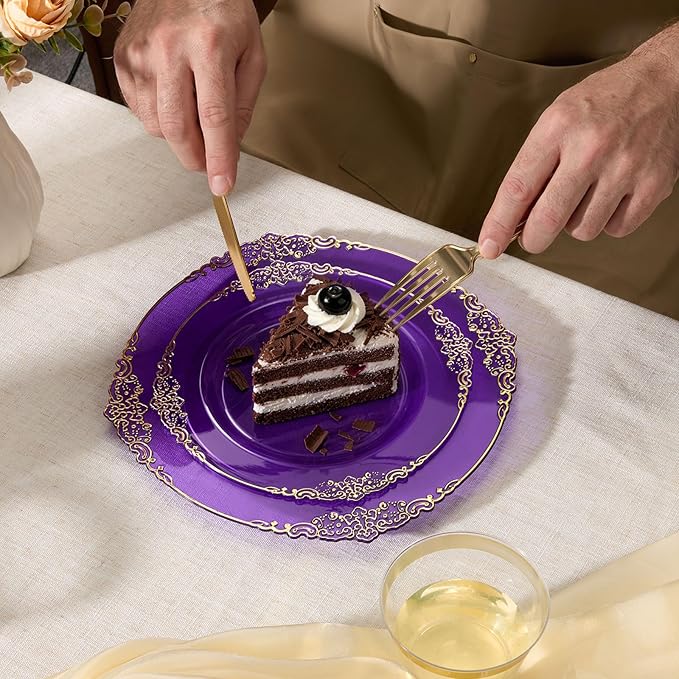 Goodluck 250 PCS Vintage Translucent Purple & Gold Rim Plastic Plates with Cutlery Set - Serves 50 - Heavy Duty Elegant Disposable Dinnerware for Sweet 16, Mardi Gras, Bridal Shower