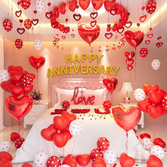 Happy Anniversary Decorations, Red Heart Balloons, Happy Anniversary Banner, Heart Hanging String, Rose Petals, Romantic Decor for Wedding, Valentines Day