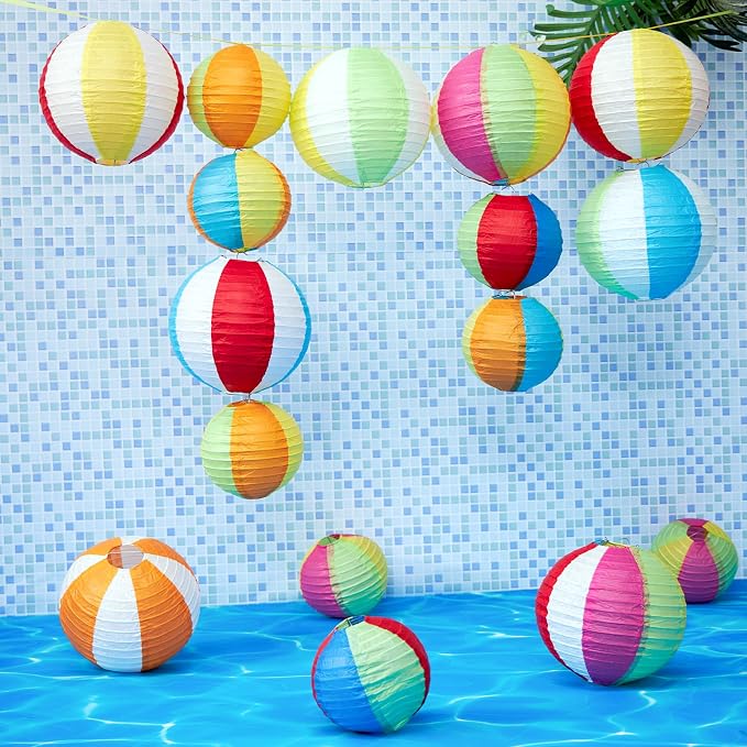 Easy Joy 16PCS Pool Party Decorations, Summer Beach Ball Paper Lanterns, Colorful Luau Themed Round Hanging Decorations, for Home, Office, Room, Outdoor, Birthday, Classroom, Party Supplies
