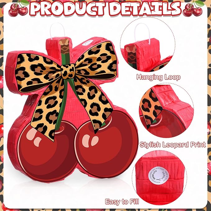 VioraWhite Cherry Leopard Print Piñata Set Cherry Cheetah Piñata Game with Blindfold Hitting Stick Cheetah Print Red Black Party Theme Decoration for Bachelorette Jungle Animals Women Party Supplies