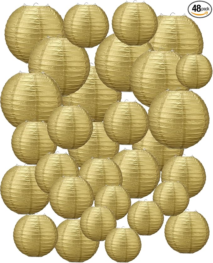 Treela 48 Pcs Paper Lanterns Party Decorations Chinese Round Paper Decor 4/6/8/10 Inch Asian Hanging Lamps Decorative for Graduate Wedding Birthday Party Bridal Parties Supplies(Gold)