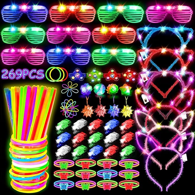 MIBOTE 269Pcs Led Light Up Toys Party Favors Glow in the Dark Party Supplies for Kid/Adults with Light Up Glasses,Headband,Rings,Bracelets,100 Glow Sticks Bulk Party Pack DIY Glow Neon Party Supplies