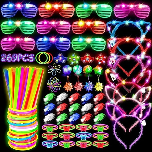 MIBOTE 269Pcs Led Light Up Toys Party Favors Glow in the Dark Party Supplies for Kid/Adults with Light Up Glasses,Headband,Rings,Bracelets,100 Glow Sticks Bulk Party Pack DIY Glow Neon Party Supplies