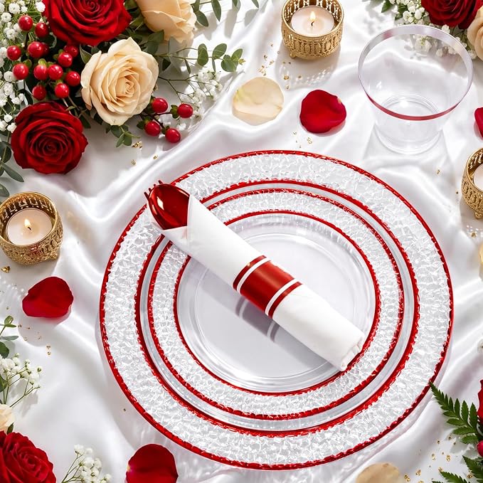 Ciaell 350 PCS Clear and Red Plastic Plates – Red Dinnerware Set for 50 Guests Include 100 Plastic Plates, 50 Pre Rolled Napkins with Cutlery Set, 50 Cups for Wedding