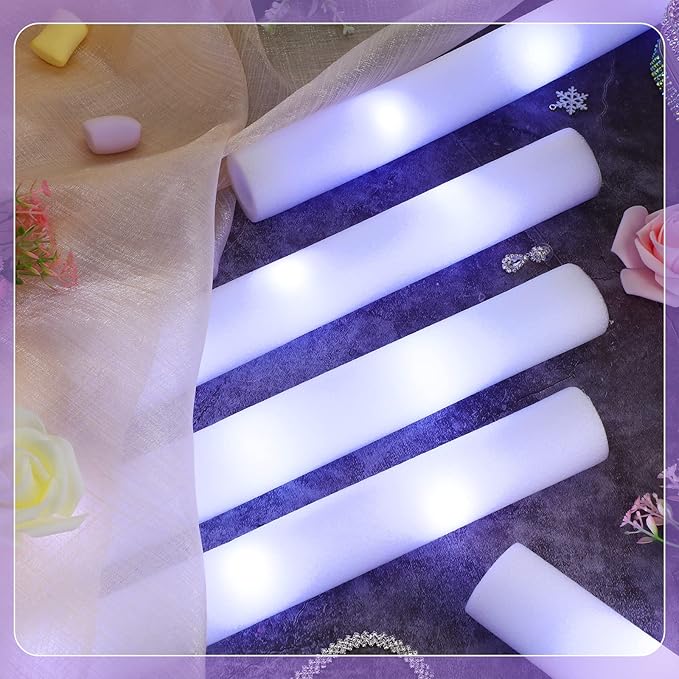 Cunno 24 White LED Foam Stick Bulk 16 Inch 3 Modes Light up Glow in The Dark Light Sticks Flashing Glow Wands for Wedding Birthday Rave Concert Carnival Multi Item Party Favor Packs, Battery Powered