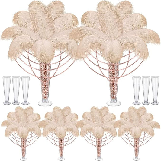 Yuxung 6 Sets Wedding Table Centerpiece Accessories Including 159 Pieces Natural Ostrich Feather Bulk Plastic Vases and Beads Necklaces for Wedding Home Party Centerpiece Supplies(Champagne)