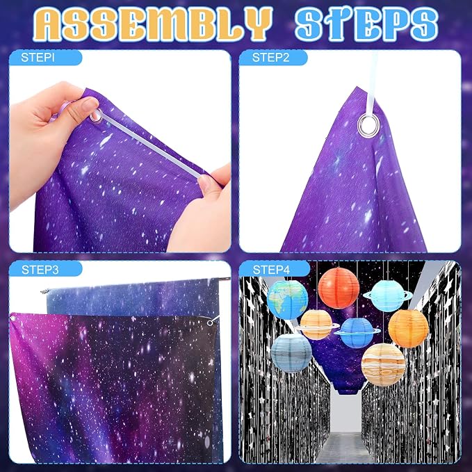 Tingjoo 13 Pcs Space Galaxy Ceiling Decorations for 2026 Vbs Space Themed Classroom Decor 12 x 2 ft Hanging Backdrop, 8 Solar System Lanterns & Star Foil Fringe Curtains Ornament for Party Decorations