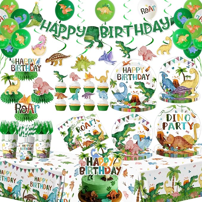 Dinosaur Birthday Decorations, 199Pcs Dinosaur Party Decorations Tableware Set Include Dinosaur Plates,Napkins,Cups,Balloon,Banner,Hanging Swirl,Cake Toppers,Tablecloth for Boy Dino Party Supplies