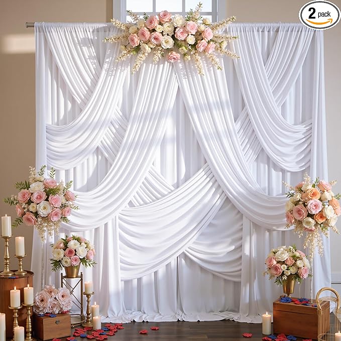 10ftx12ft Wrinkle Free White Backdrop Curtain for Wedding Parties, Silky Polyester 12 ft Long Photo Backdrop Drapes Back Drop Cloth Drapery for Birthday Baby Shower Photography Background