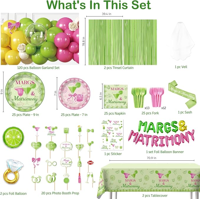 cocomigo 264pcs Margs and Matrimony Bachelorette for Bestie, Best Friend, Worry-free One-stop Set for 25 Guests, includes Balloon Arch Plates Tablecloth, Easy Setup for Margarita Bachelorette Party